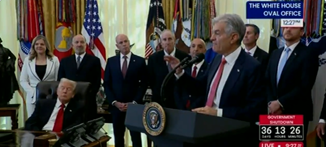 President Donald Trump shuts his eyes during the event, as seen from a video post dated November 6, 2025. | Source: X/MikeNellis