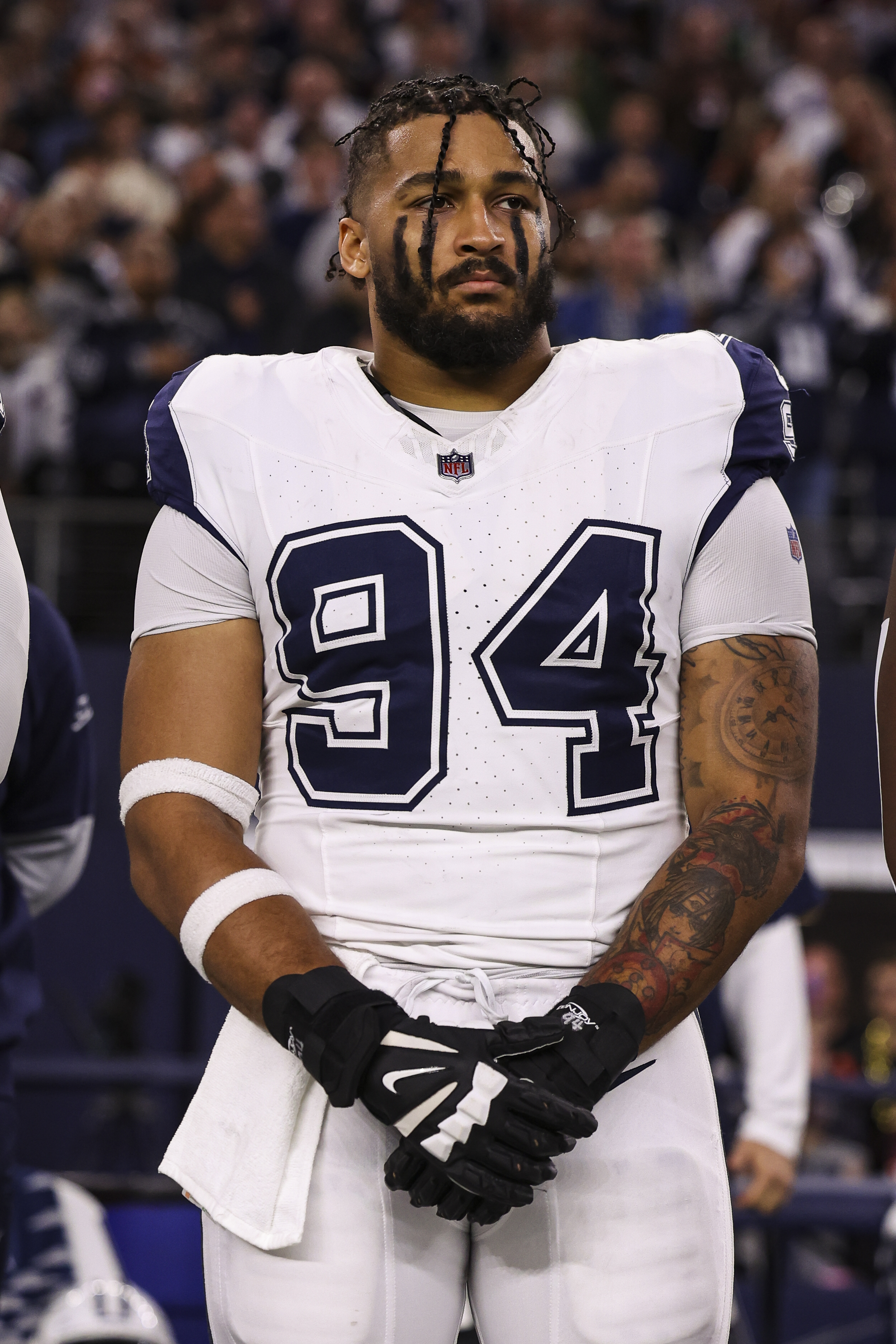 Marshawn Kneeland (#94) looks on during the national anthem before a Cowboys–Bengals game at AT&T Stadium on December 9, 2024. | Source: Getty Images