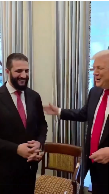 US President Donald Trump shares a lighthearted moment with Syrian President Ahmed al-Sharaa at the White House on November 10, 2025 | Source: Facebook/TheIndependentOnline