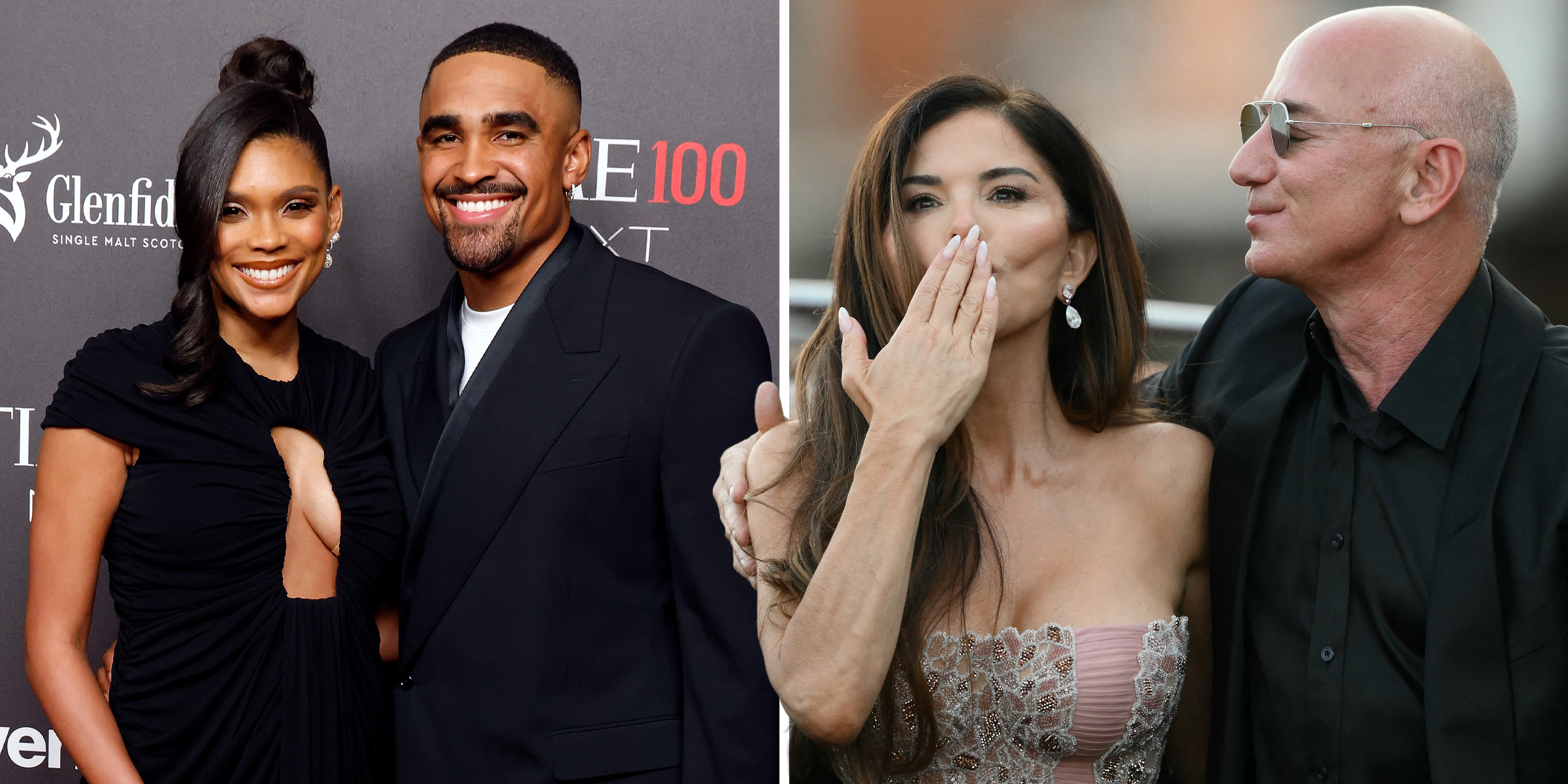 Bry Burrows and Jalen Hurts | Lauren Sánchez and Jeff Bezos | Source: Getty Images