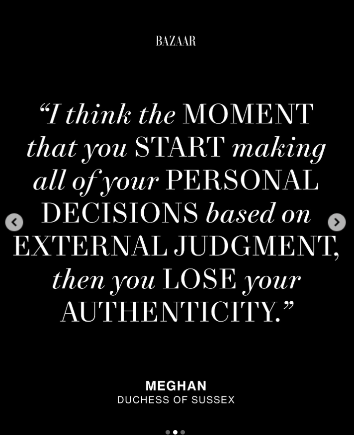 One of Meghan Markle's quotes in black-and-white, as seen from a post dated November 19, 2025. | Source: Instagram/harpersbazaarus