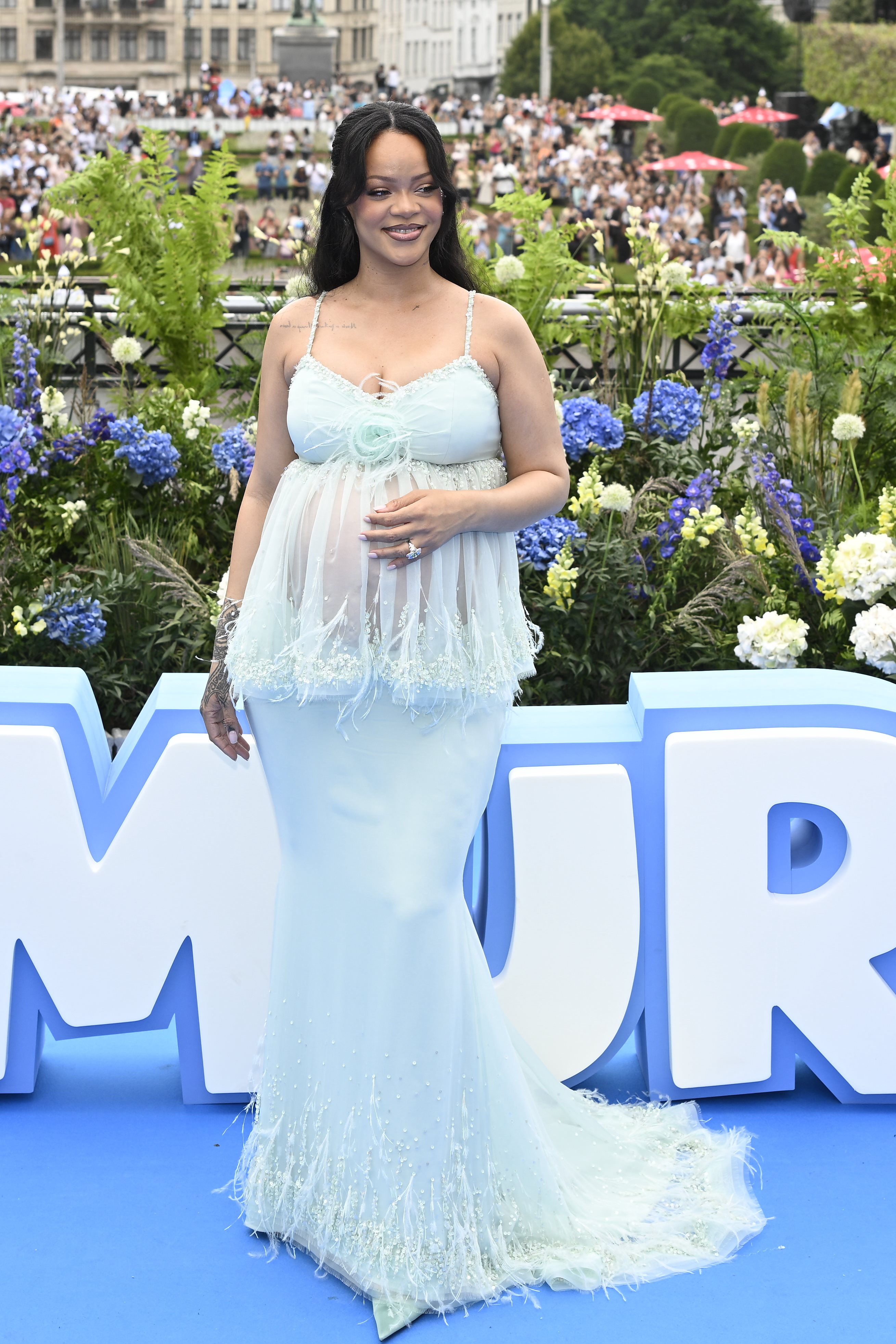 Rihanna during the global premiere of the "Smurfs" on June 28, 2025, in Brussels, Belgium. | Source: Getty Images