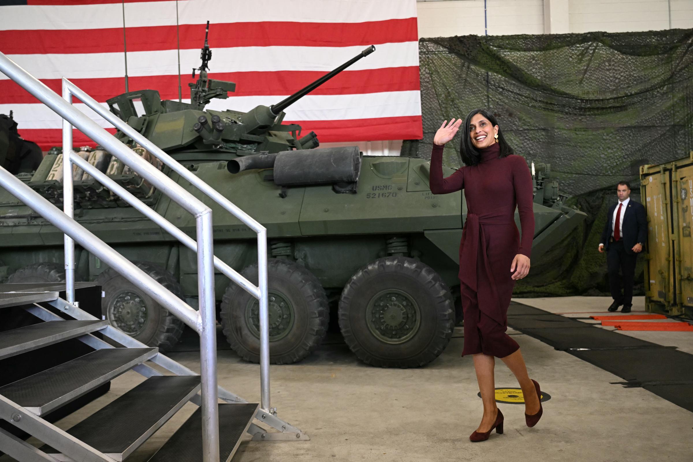 Usha Vance waves to members of the military at Marine Corps Air Station New River in Jacksonville, North Carolina, on November 19, 2025 | Source: Getty Images