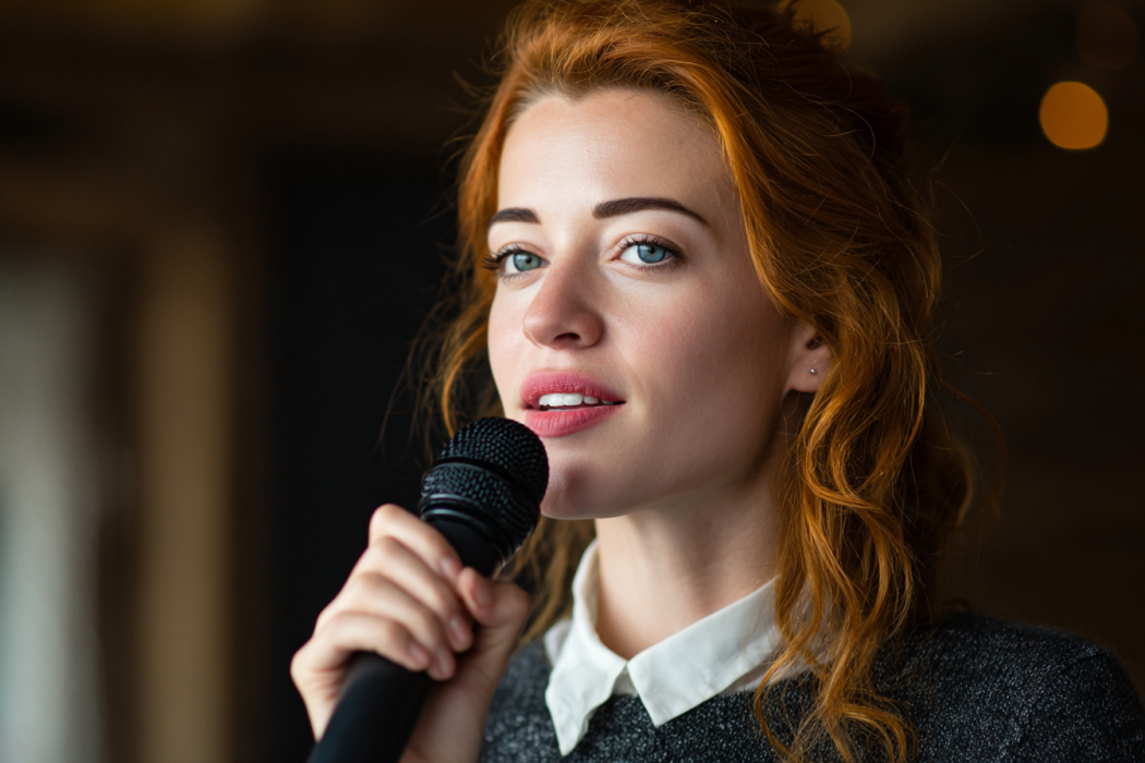 Kelnerka mówiąca do mikrofonu na weselu | Źródło: Midjourney