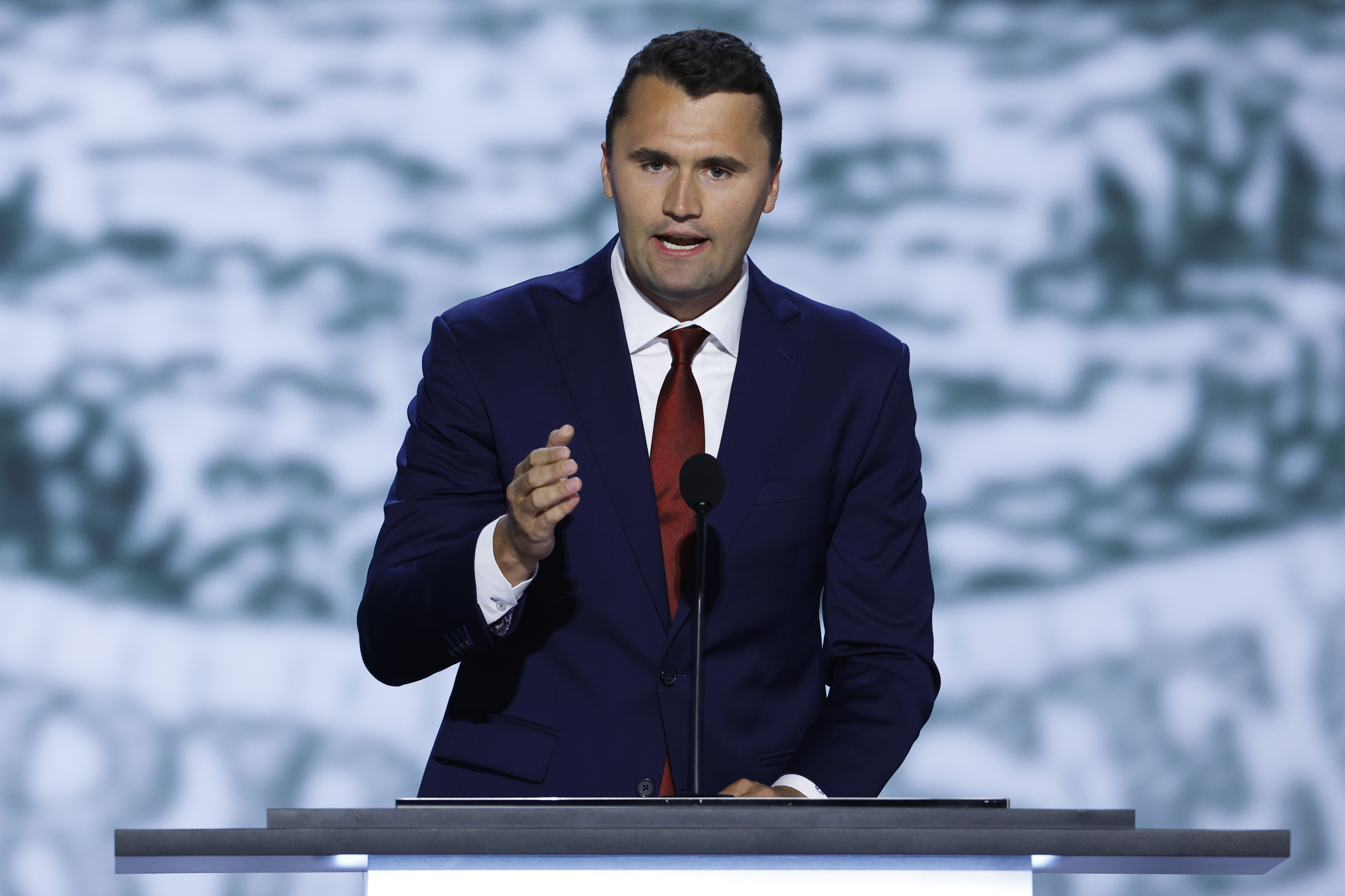Charlie Kirk speaks on stage at the Republican National Convention at the Fiserv Forum in Milwaukee, Wisconsin on July 15, 2024. | Source: Getty Images