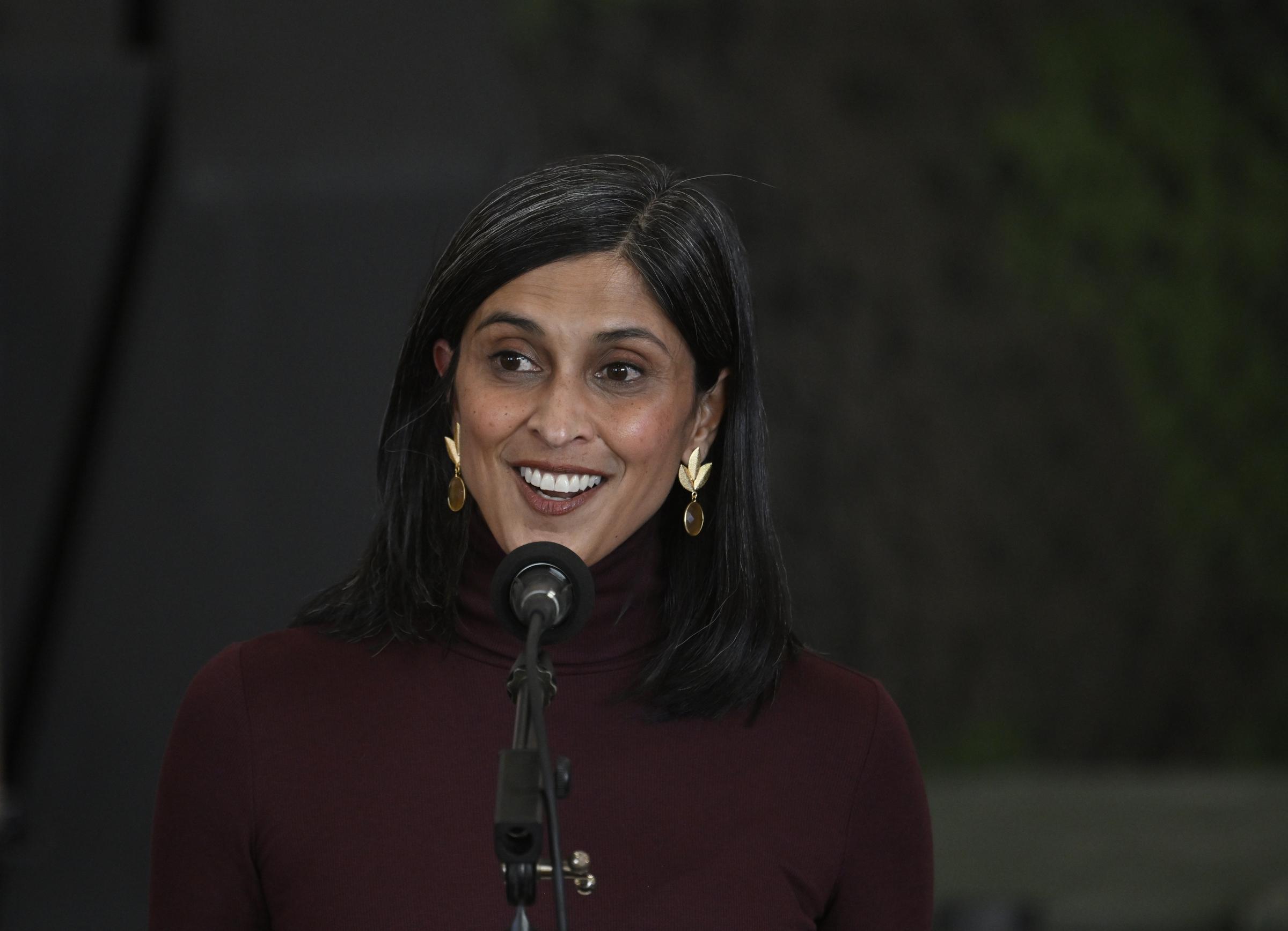 Usha Vance makes a speech during a visit to Camp Lejeune and MCAS New River on November 19, 2025 | Source: Getty Images