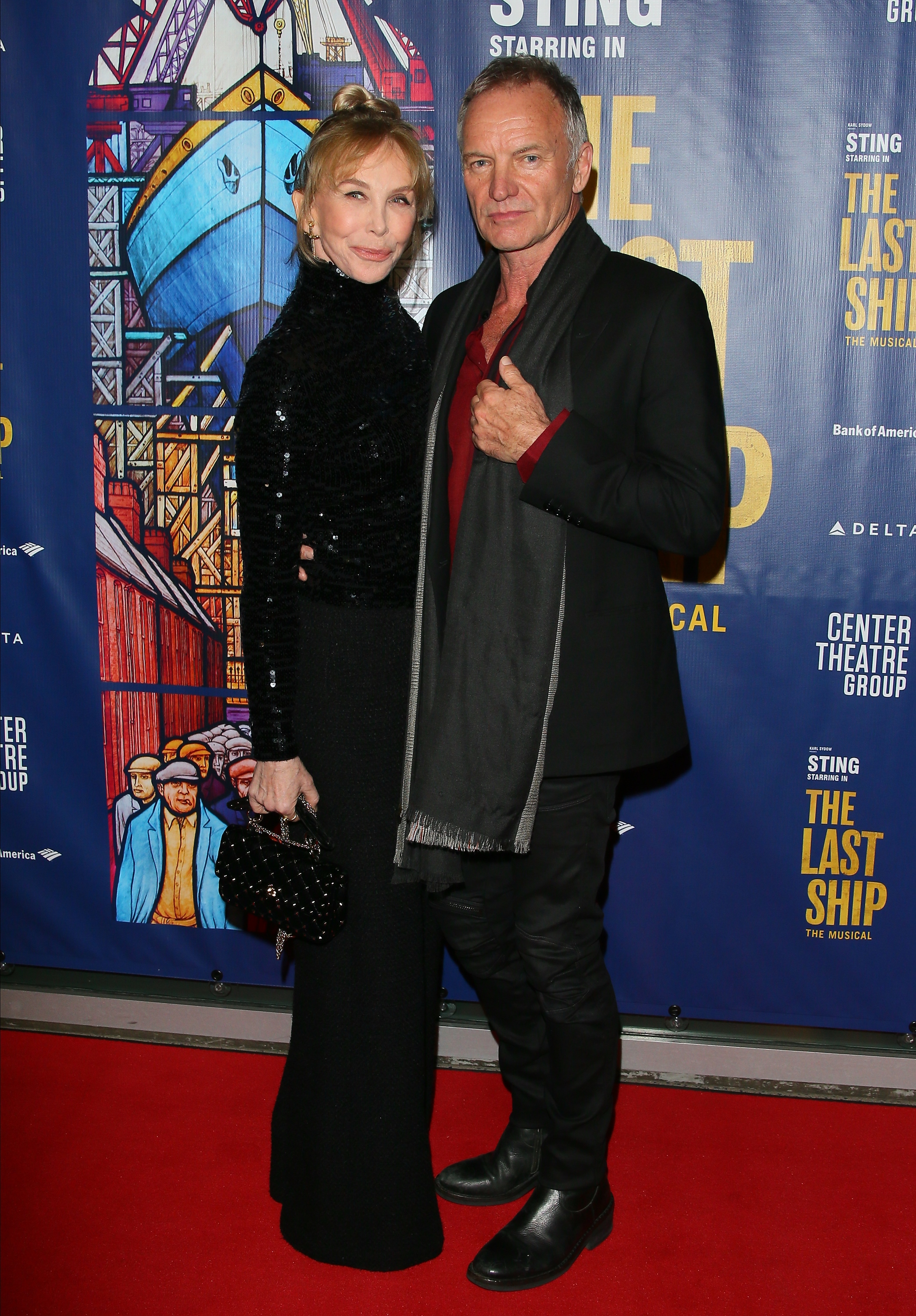 Trudie Styler wears a structured, black suit jacket and matching trousers, while attending the "The Last Ship" opening night performance with Sting at the Ahmanson Theatre on January 22, 2020, in Los Angeles, California.