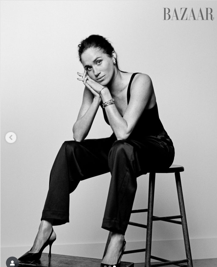 Meghan Markle in a black-and-white photo, as seen from a post dated November 19, 2025. | Source: Instagram/harpersbazaarus